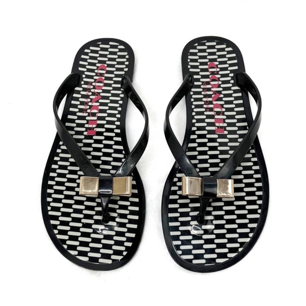 Coach Landon Black Jelly Thong Sandal Flip Flops With Gold Bow Size 6